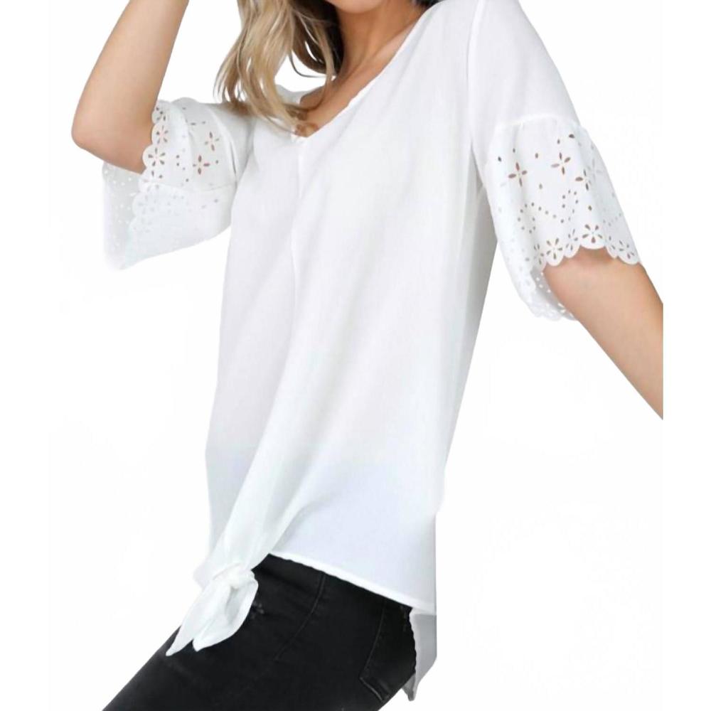 NEW SHOP BASIC laser cut short sleeve v neck top with tie in white
